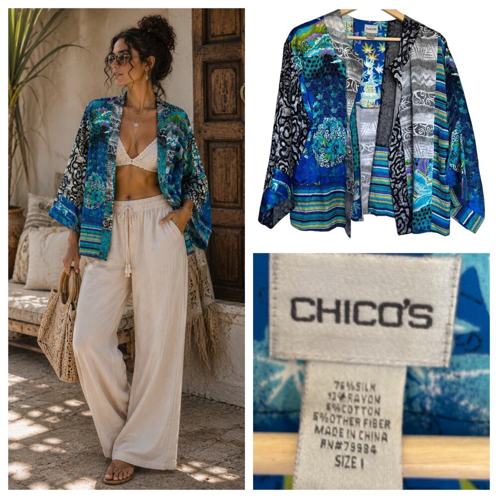 Chico's Silk Boho Patchwork Open Front Cardigan M Kimono Eclectic Artsy Resort
